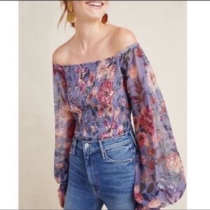 Anthropologie Rouen Floral Smocked Blouse Sz XS